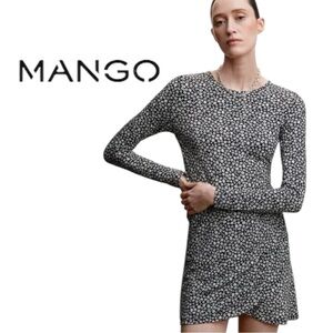 Mango Black & White Daisy Print Long Sleeve Mini Dress Size S